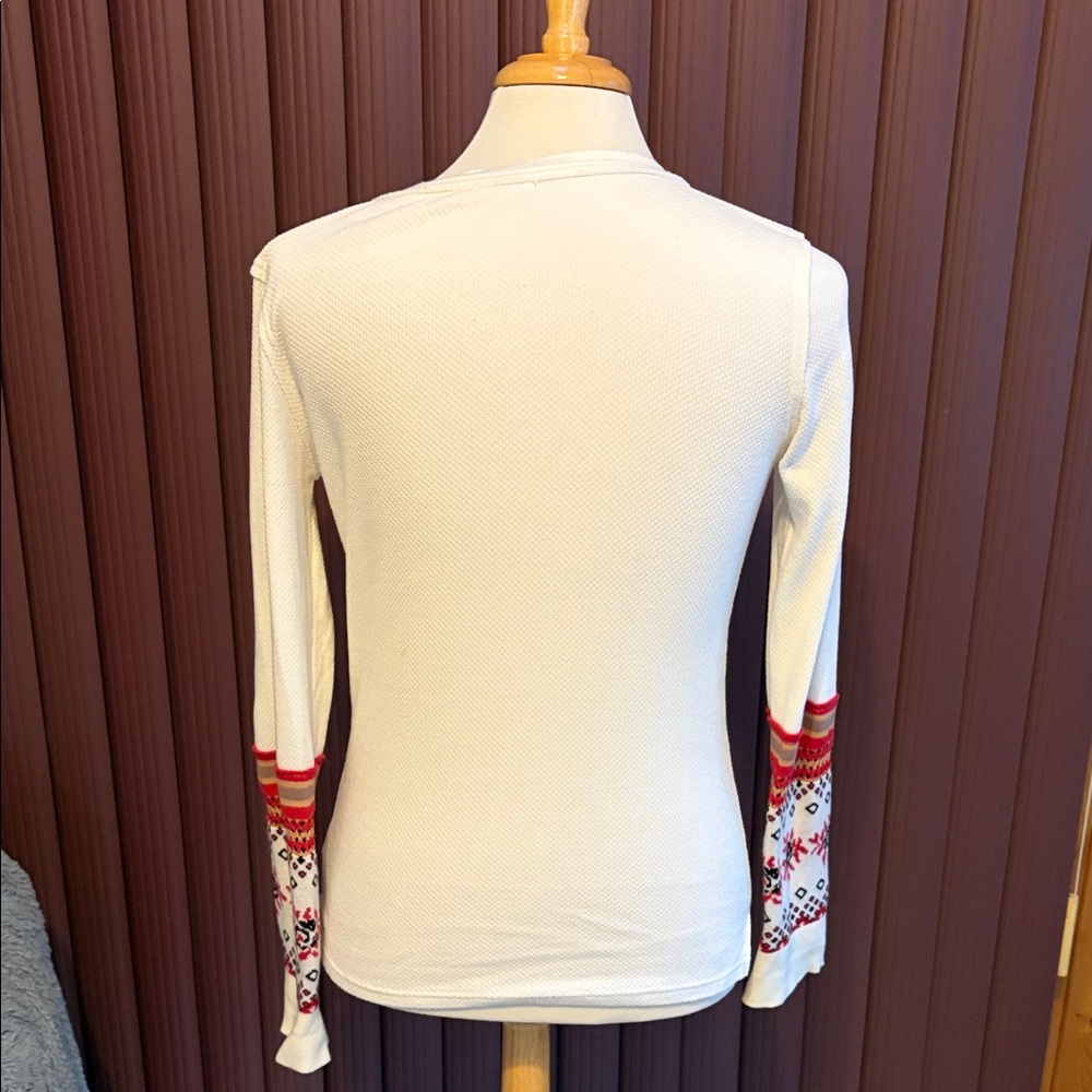 Free People Cream Thermal Top with Red & Pink Embroidered Cuffs - Picture 3 of 5